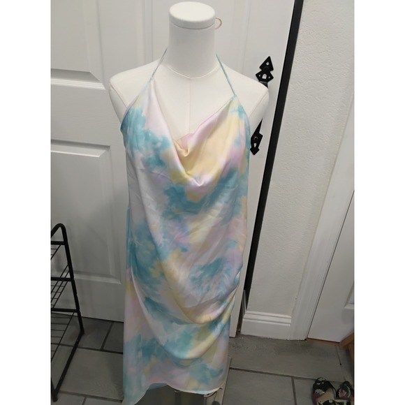 Zara Dresses & Skirts - Zara Pastel Tie Dye Satin Halter Cowl Neck Ruched Midi Dress XL Blue Pink Yellow